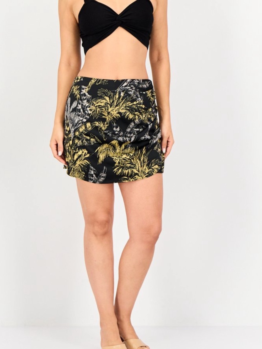 Royalty By Maluma Black Mini Skort with Yellow & Gray Botanical Print